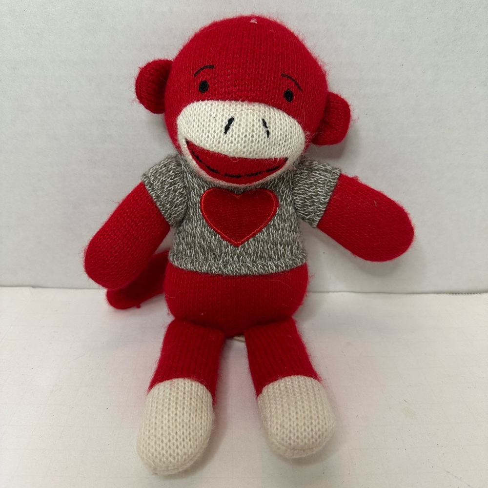 Red Sock Monkey Plush in Grey Sweater with Appliquéd Red Heart Dan Dee 10 inch